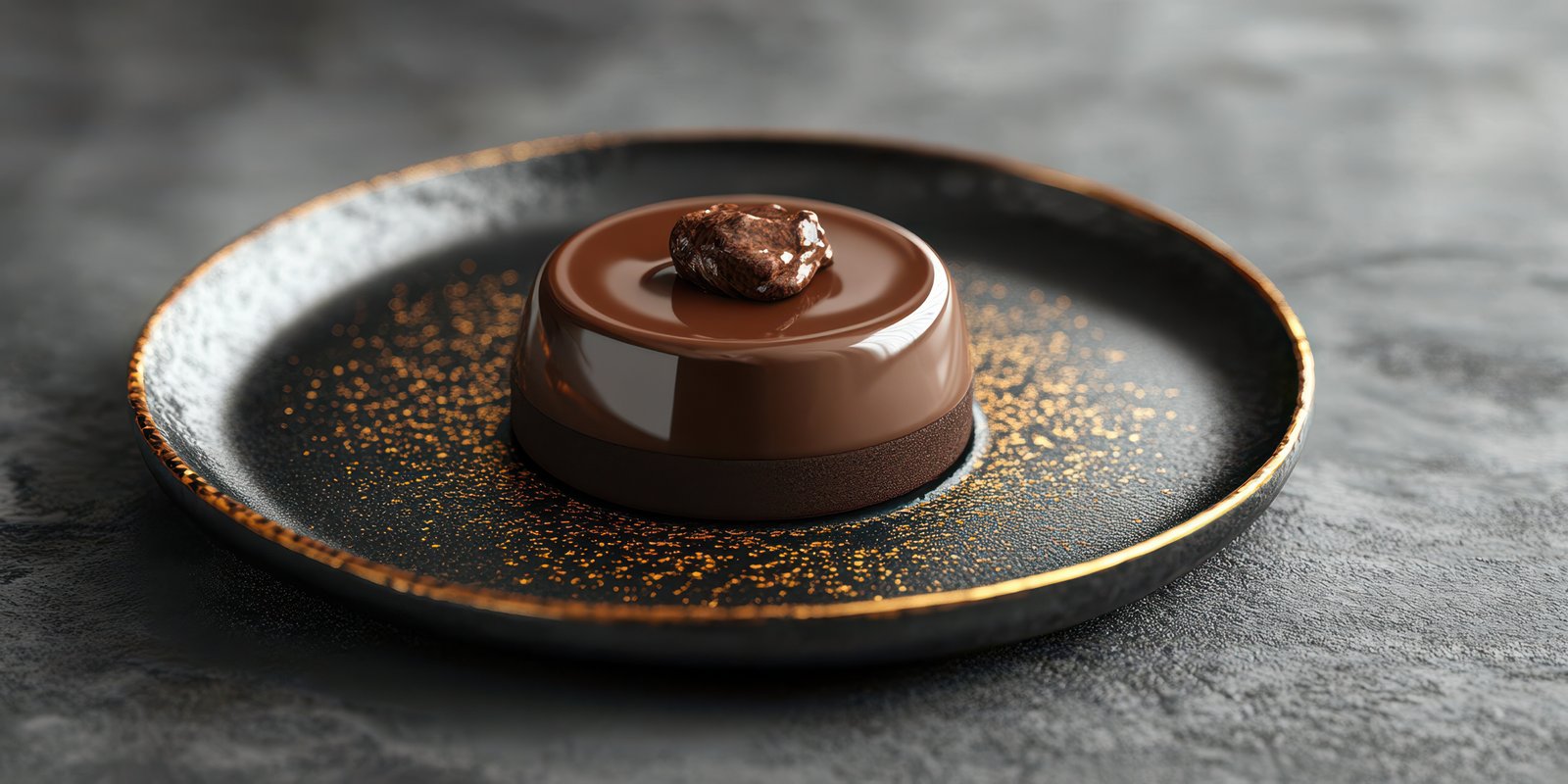 Luxurious chocolate dessert served on a stylish plate with a smooth finish and a decorative topping